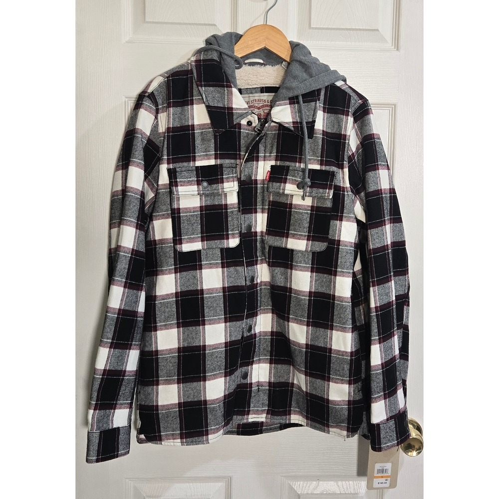 Levi's Mens Sherpa Lined Hooded Plaid Shirt Jacket Black Burgundy S LM1JC684